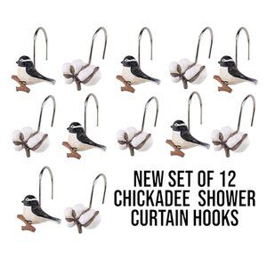 NEW Shower Curtain Hooks Multicolor Chickadee Bird Bathroom Decor Cotton Ball Pl